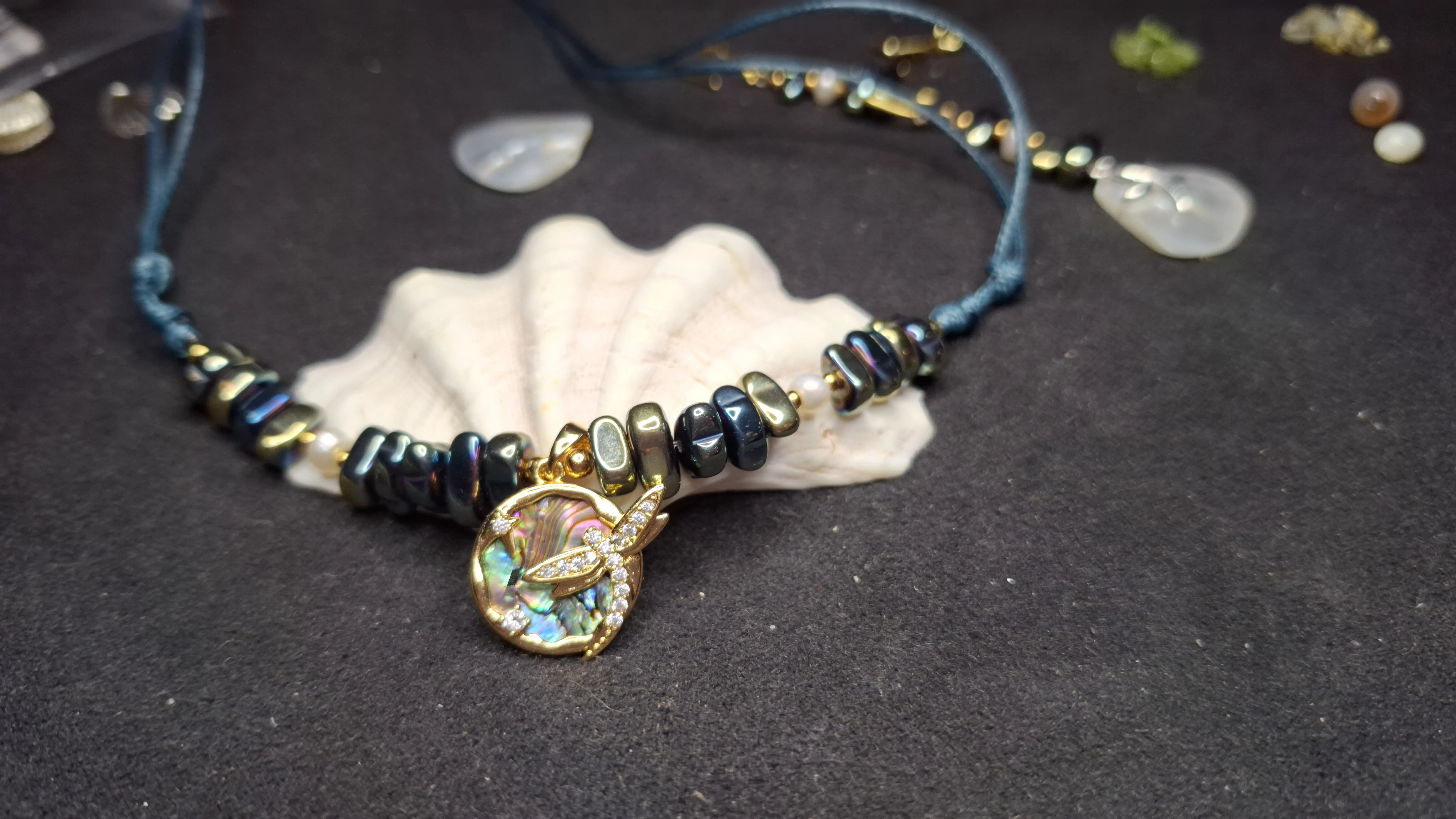 Mermaid's Dream: Dragonfly Abalone Shell, Pearls & Hematite Textile Cord Necklace