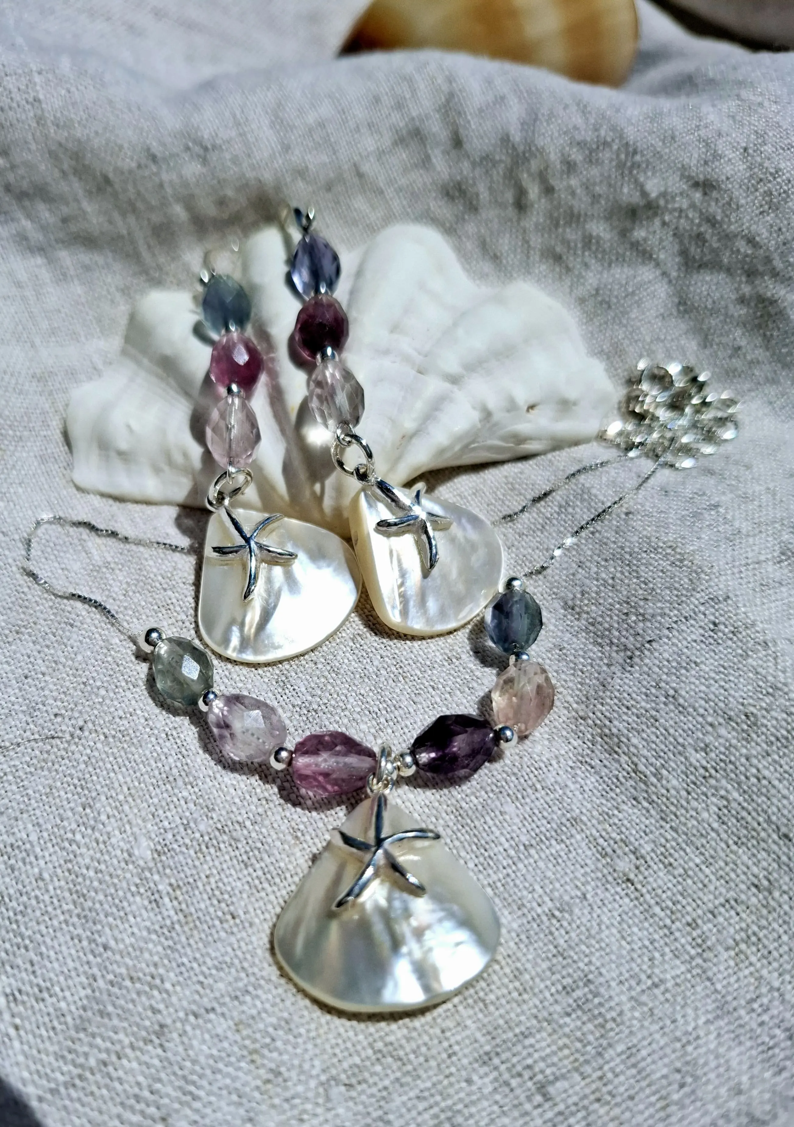Mermaid's Dream: Fluorite & Mother of Pearl Silver Earrings