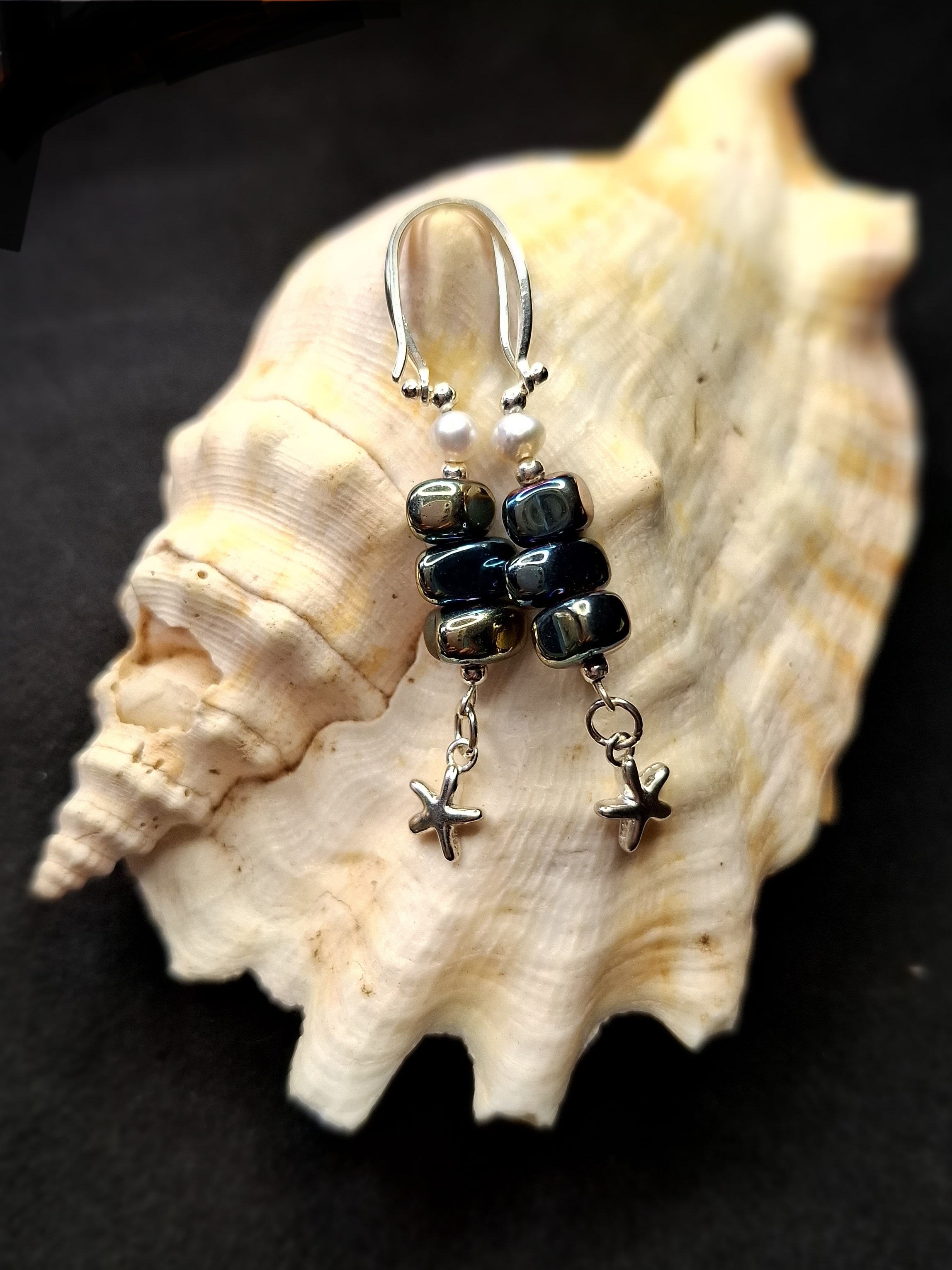 Mermaid's Dream: Hematite and Pearl Silver Earrings
