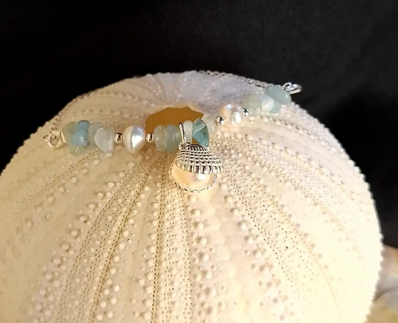Ocean's Guardian: Aquamarine & Pearl-enclosed Silver Clam (shell) Bracelet | S925 Silver